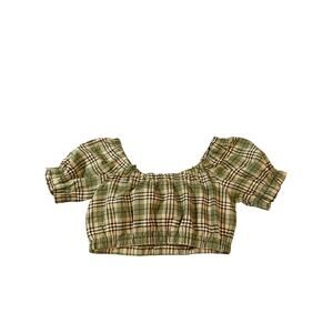 NWOT Lena Size Medium Women Balloon Puff Sleeve Short Sleeve Plaid‎ Crop Top